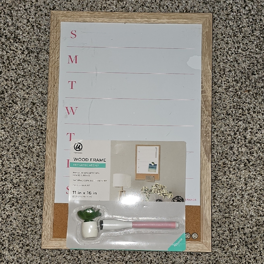 U Brands Wood Frame Weekly Planner Dry Erase Board  with Succulent Magnet & Pen